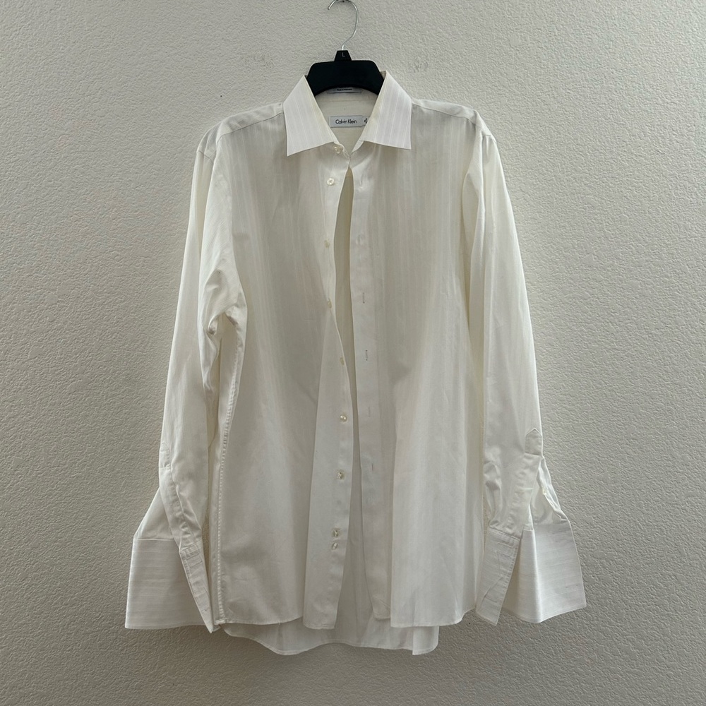 Calvin Klein Men's Off-White Pinstripe Dress Shirt